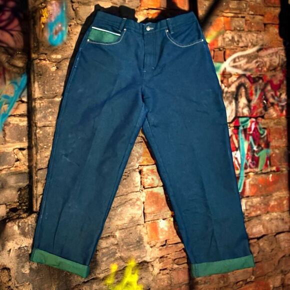 Vintage FUBU Jeans Mens Two Tone Blue Green Metallic 90s Streetwear Size 36/34